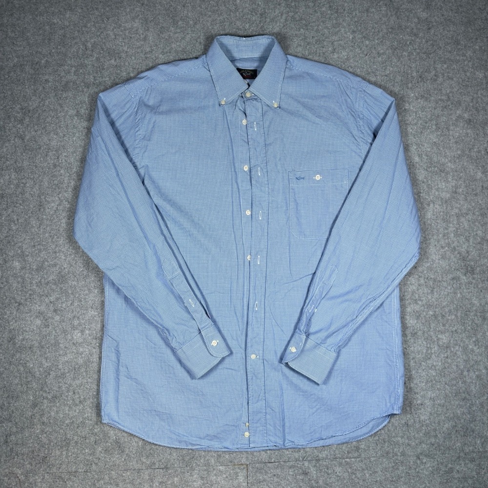 Paul & Shark Yachting Shirt Mens 42 Large Blue Gingham Button Down‎ Cotton